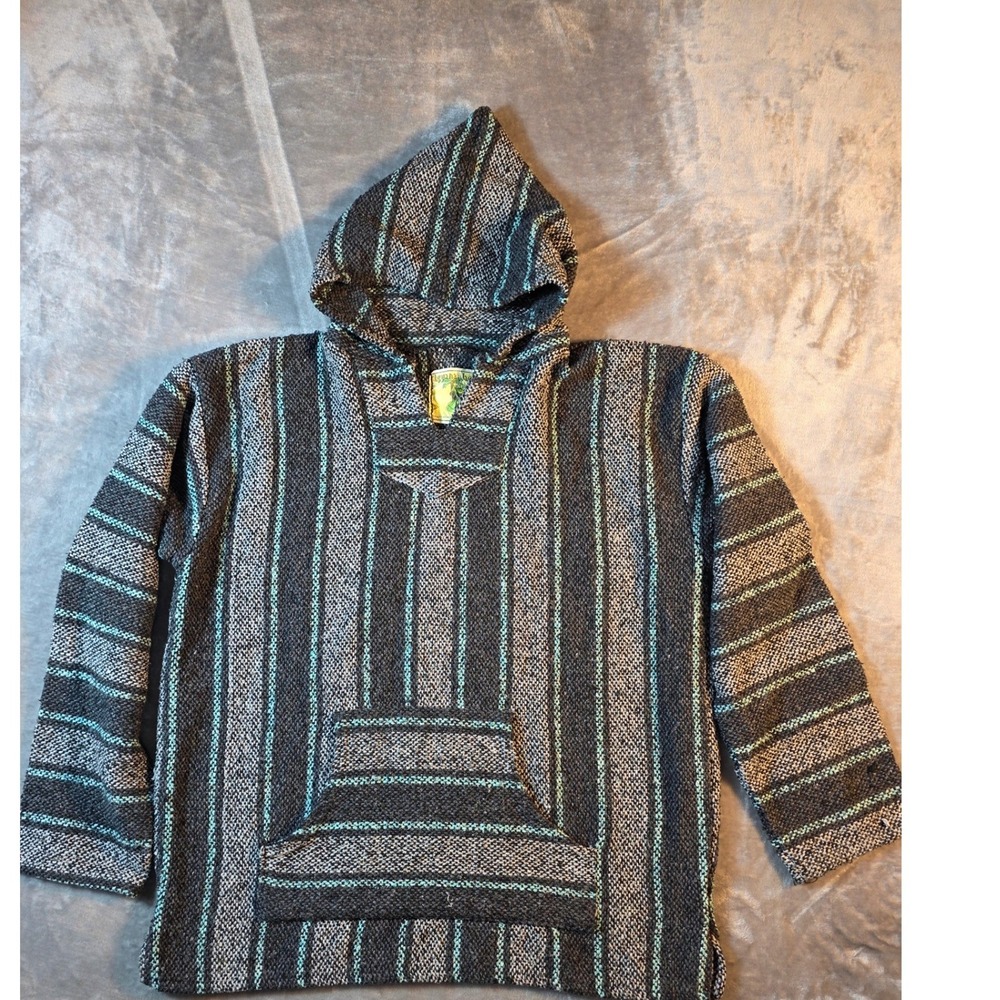Iguana Jack Baja Hoodie XL Grey Teal Striped Mexican Pullover Poncho